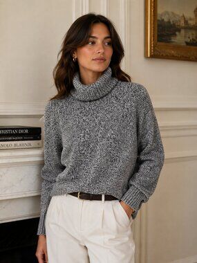 Gray Marled Knit Turtleneck Sweater Size Large Cozy Classic